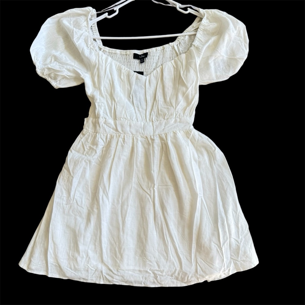 Lulus White Mini Skater Dress Puff Sleeve Smocked Size S Effortlessly Endearing